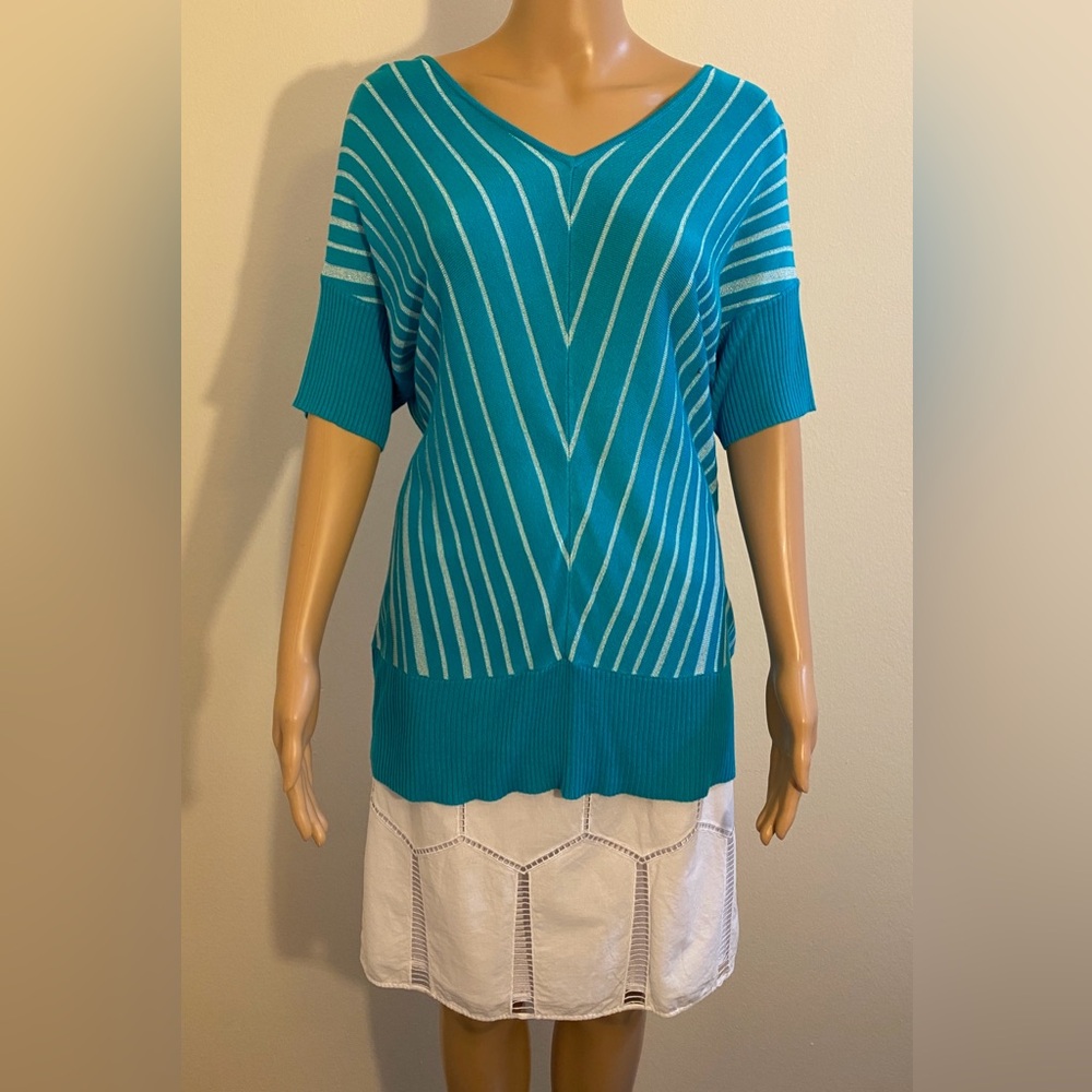 New York & Company Teal and White Striped V-Neck Short Sleeve Sweater